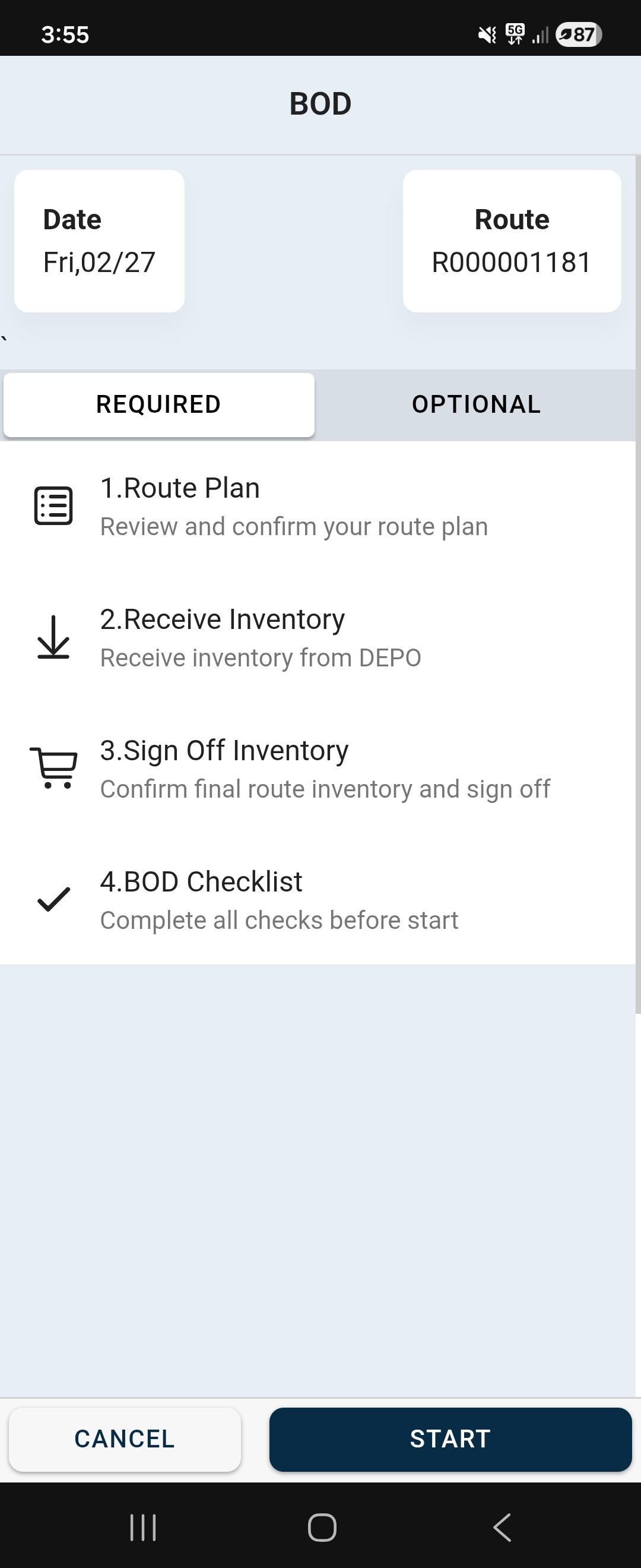 Route Start Checklist — Mobile